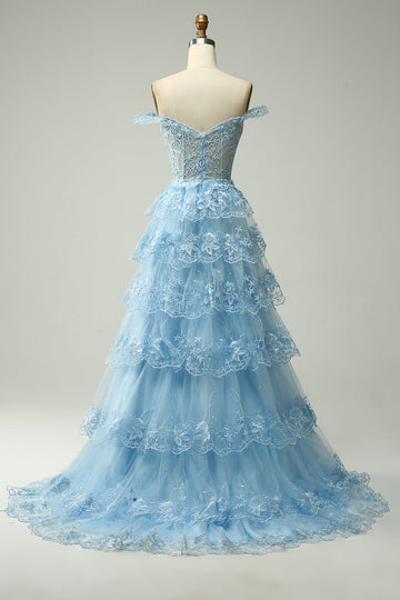 Princess A Line Off the Shoulder Blue Long Ball Dress with Appliques